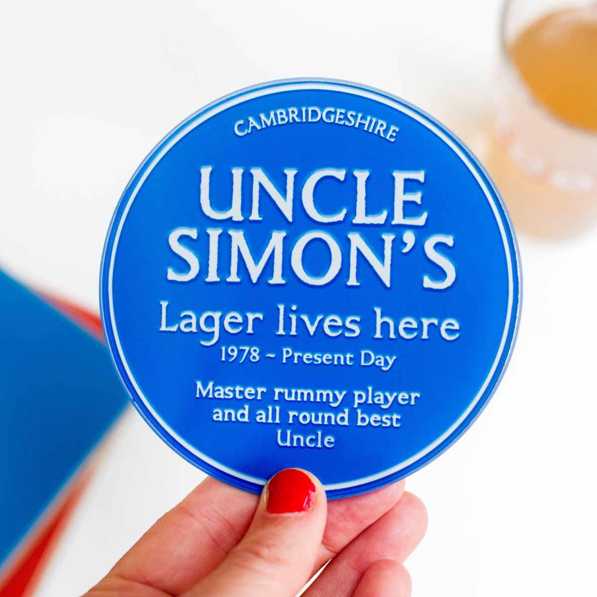 personalised coaster for uncle with english heritage blue plaque