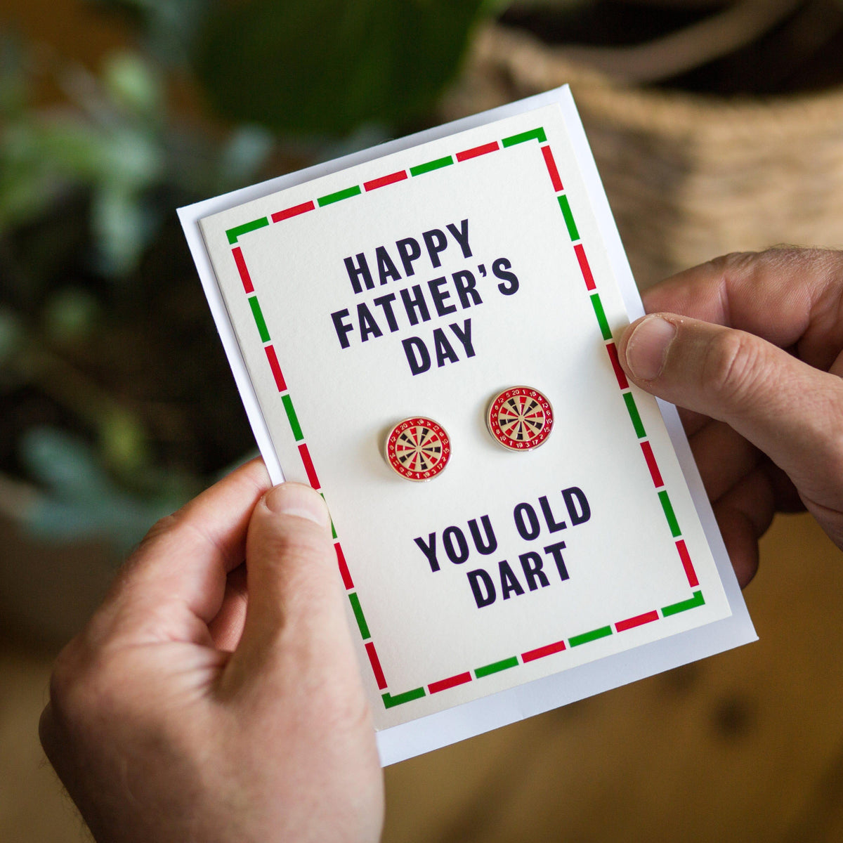 Darts themed Father's Day card and dart board cufflinks 