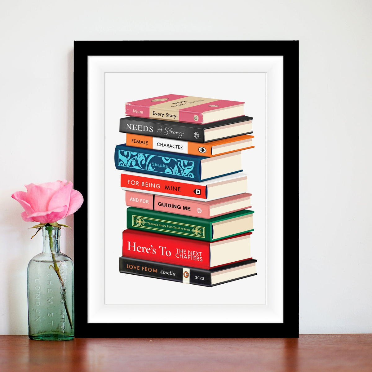 personalised print for mum featuring a stack of books spelling out a thoughtful message