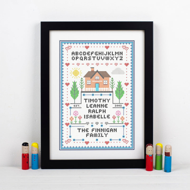 Custom print designed to look like a cross stitch sampler