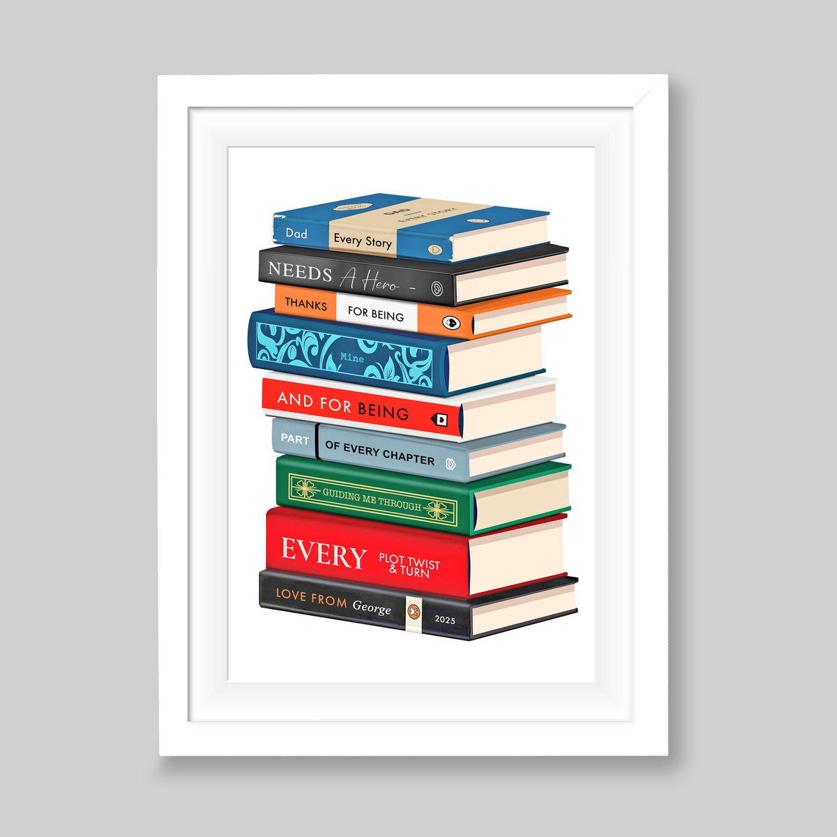 a framed image of a father's day print for dad, customised with your name and year and depicts a stack of books spelling out a message to Dad