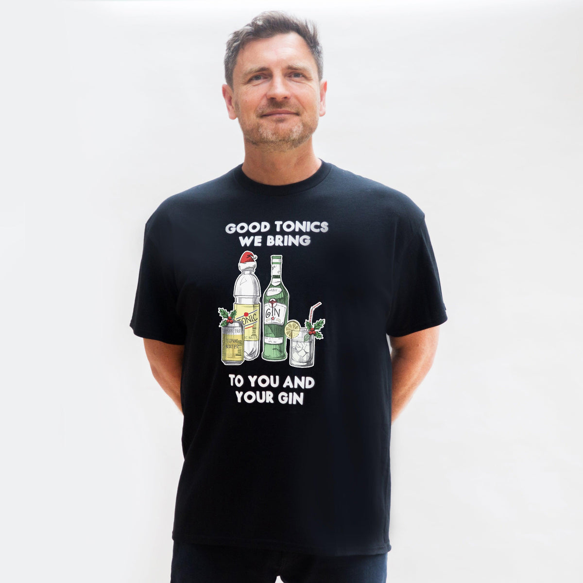 christmas t-shirt for men with gin illustration and pun