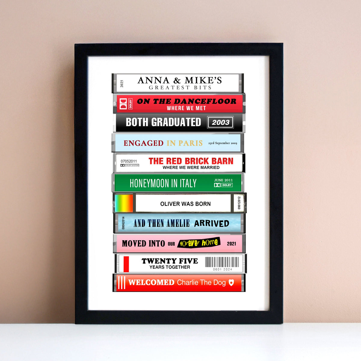 personalised print featuring cassette tapes titled with your 'greatest bits'