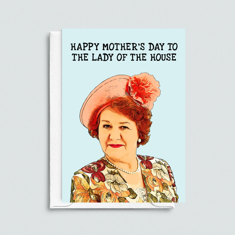 Funny Mother's Day card featuring an illustration of Hyacinth Bucket and the words 'Happy Mother's Day to the Lady of the house'