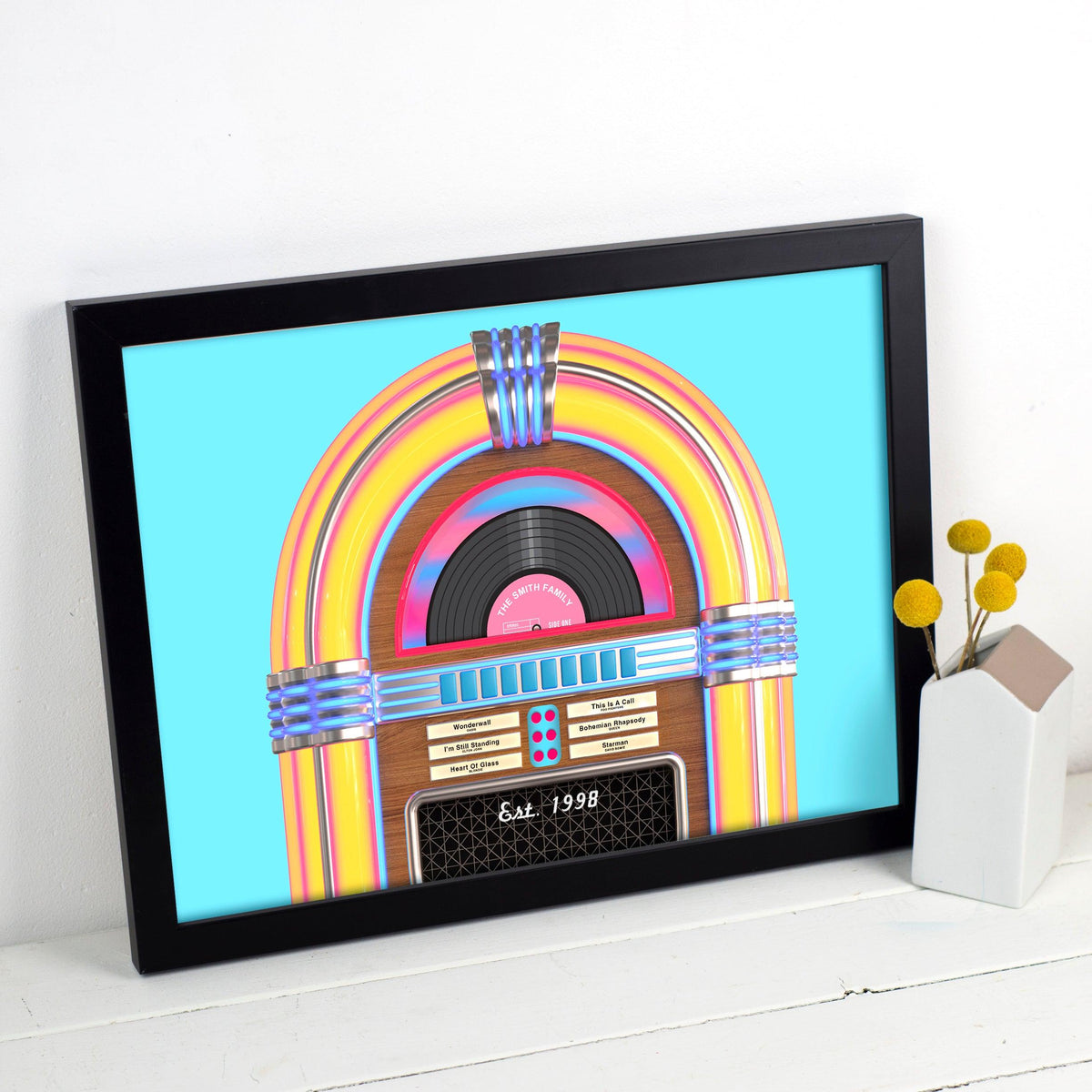 Graphic jukebox print featuring family members favourite songs