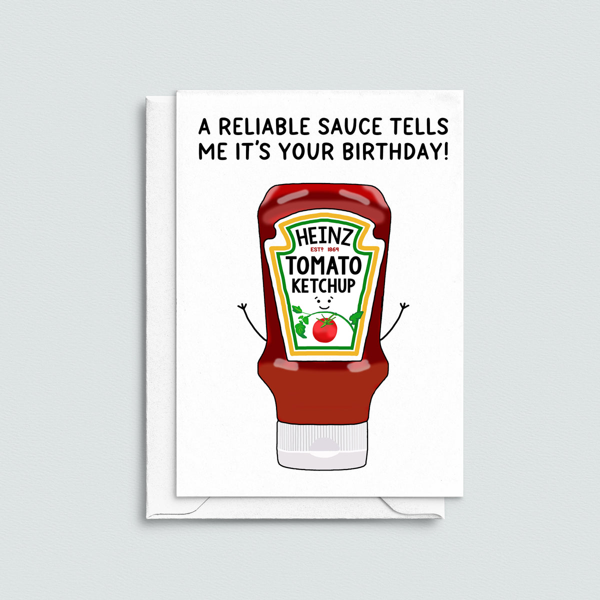 Birthday card with an illustration of a ketchup bottle and a funny pun