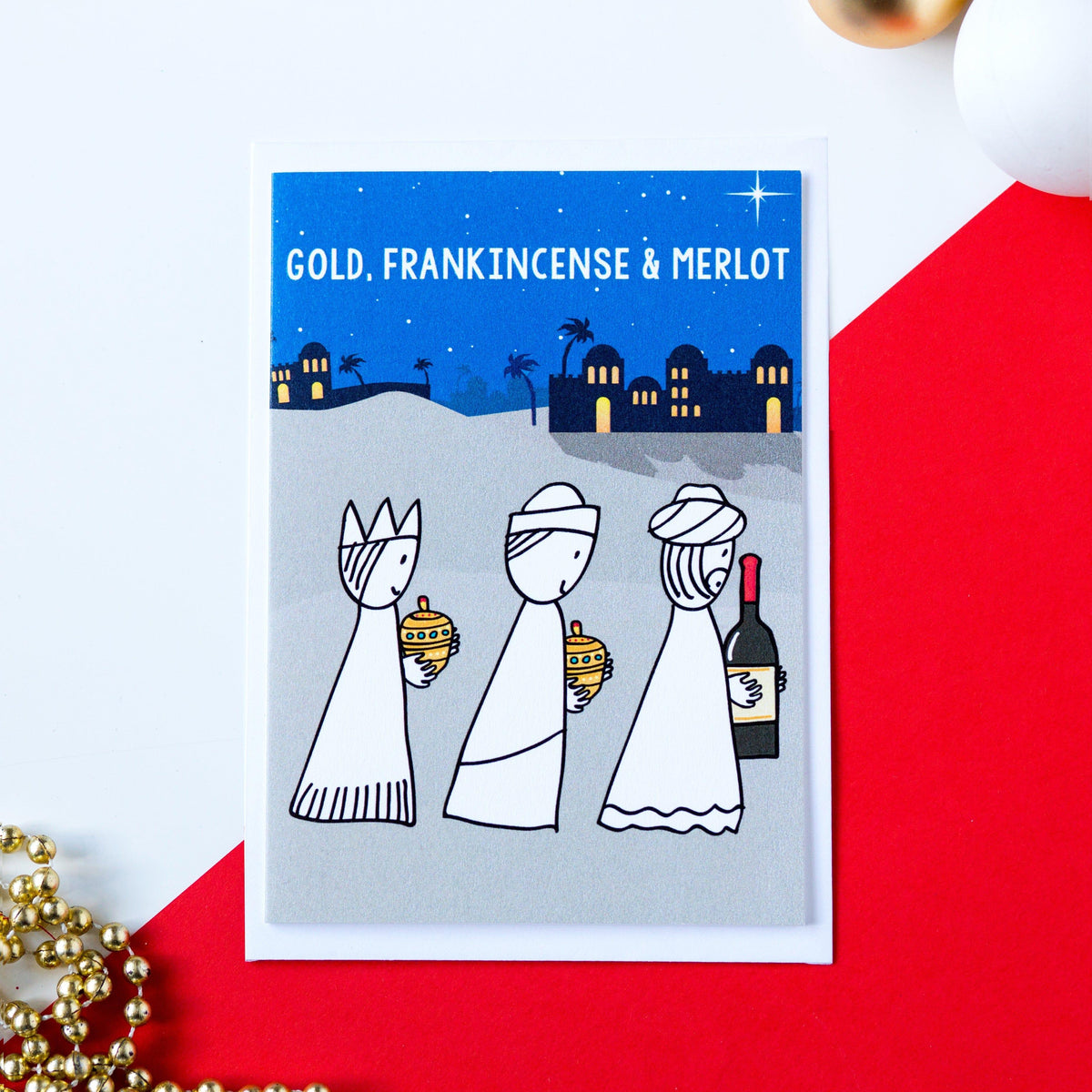 'Gold, Frankincense & Merlot' Funny Wine Christmas Card Christmas Cards Of Life & Lemons 