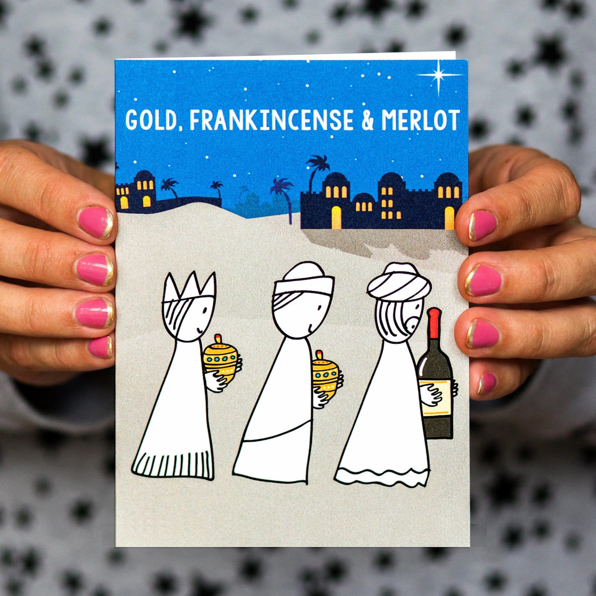 'Gold, Frankincense & Merlot' Funny Wine Christmas Card Christmas Cards Of Life & Lemons 